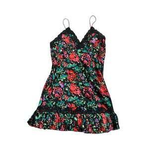Victoria Secret Vtg Gold Label Floral‎ Satin Lace Trim Babydoll Slip Mini Dress